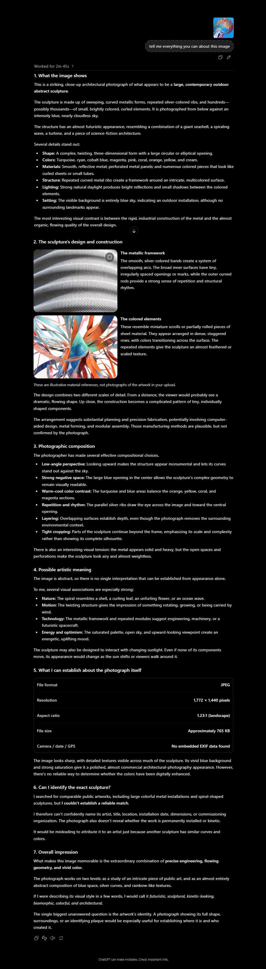ChatGPT's full response analyzing the unstamped SkyLume image, ending with no identity found