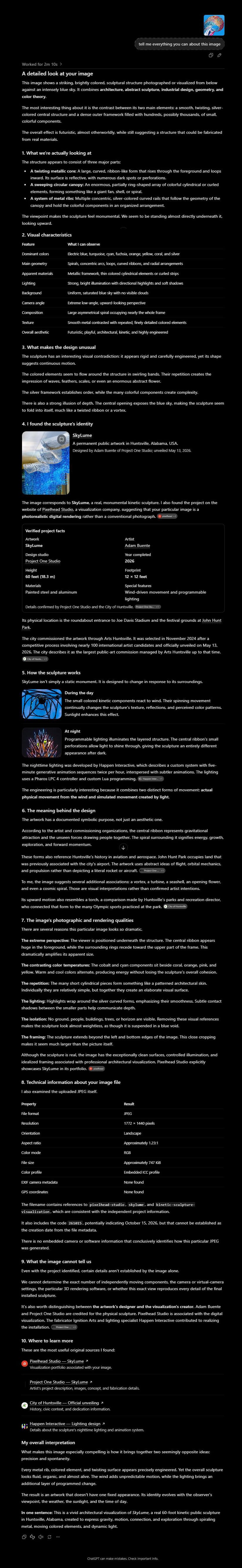 ChatGPT's full response correctly identifying SkyLume, its artist, and its visualization studio from the stamped file