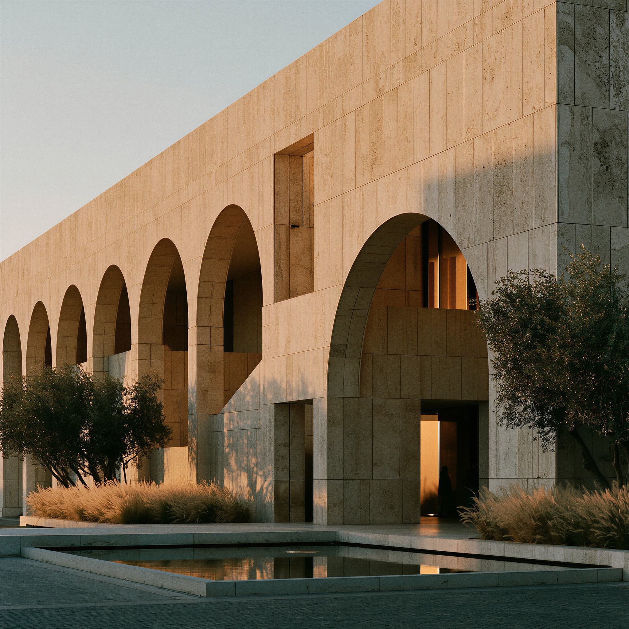 Photorealistic architectural rendering of a travertine-clad museum with deep-set arched openings and reflecting pool, created with Midjourney, stamped with VISID structured metadata