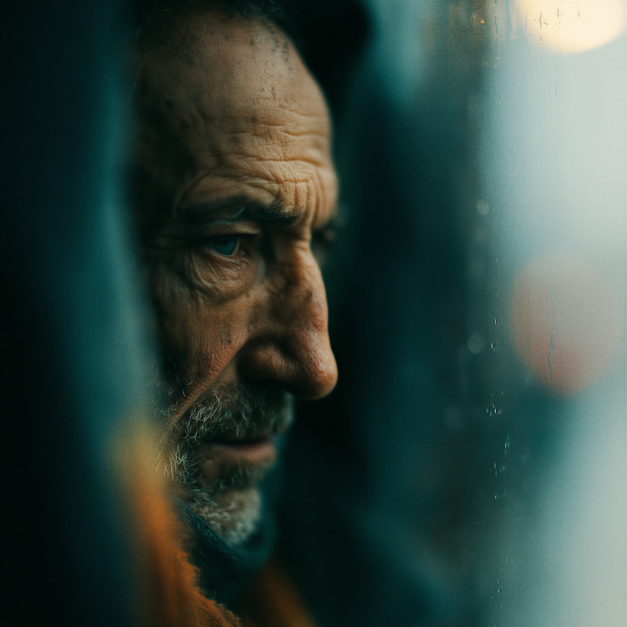 Cinematic portrait of an older man, simulated photography created with Midjourney, stamped with VISID structured metadata