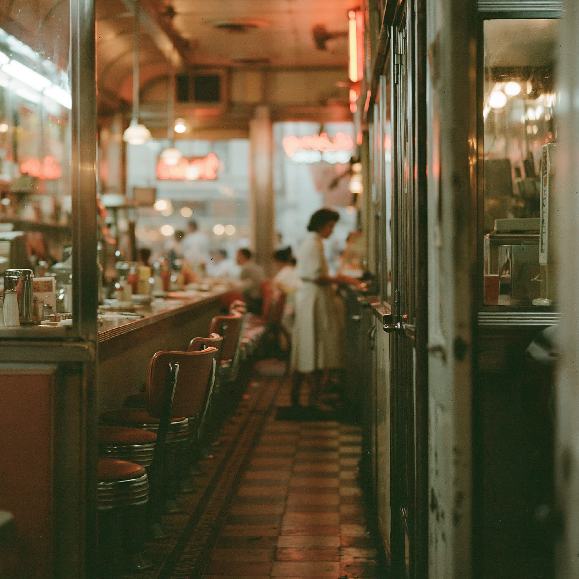 Vintage 1960s color photograph of an American diner interior with chrome counter stools and neon signs, simulated documentary photography created with Midjourney, stamped with VISID structured metadata