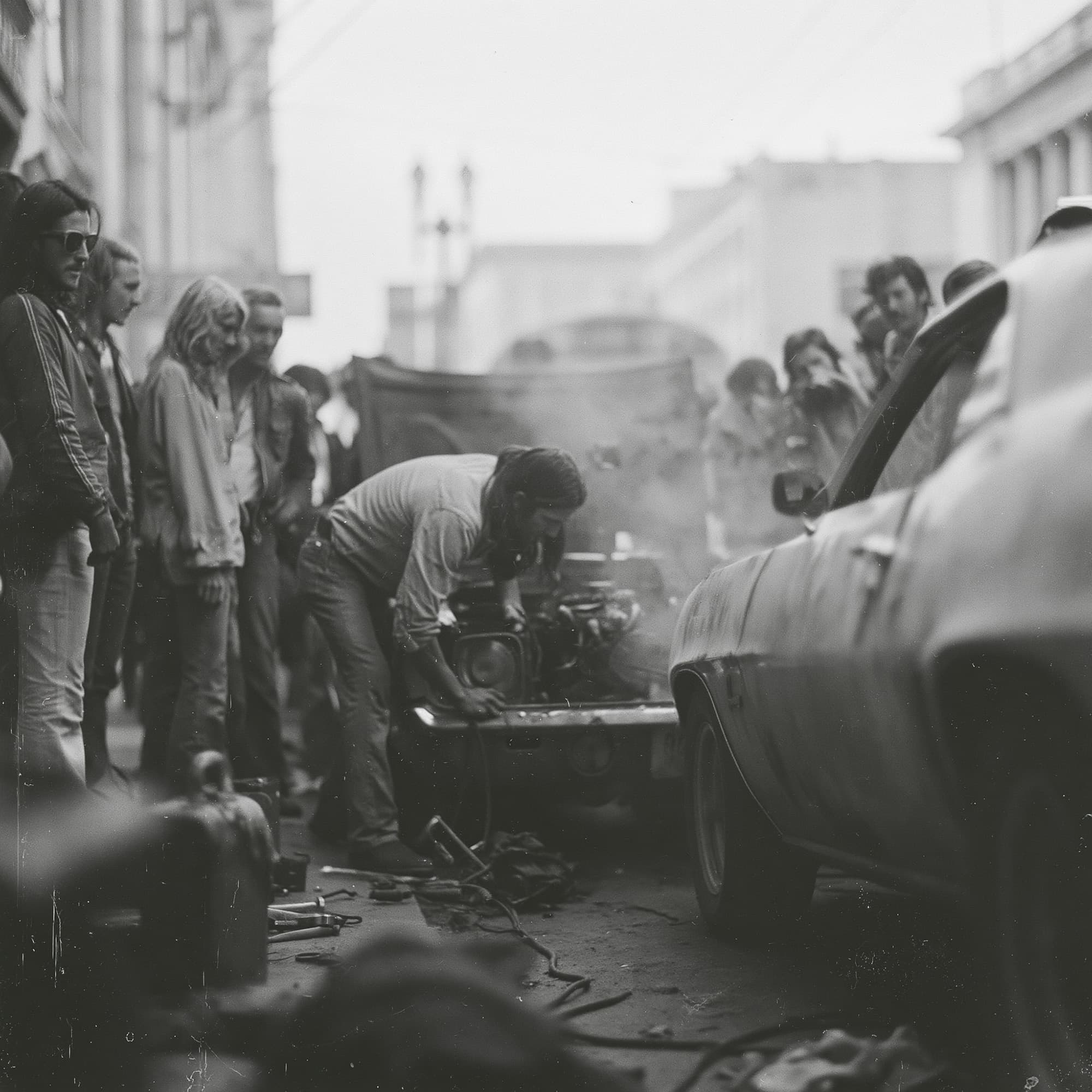 Vintage 1970s black and white street photograph of a mechanic working on a classic American car surrounded by onlookers, simulated documentary photography created with Midjourney, stamped with VISID structured metadata