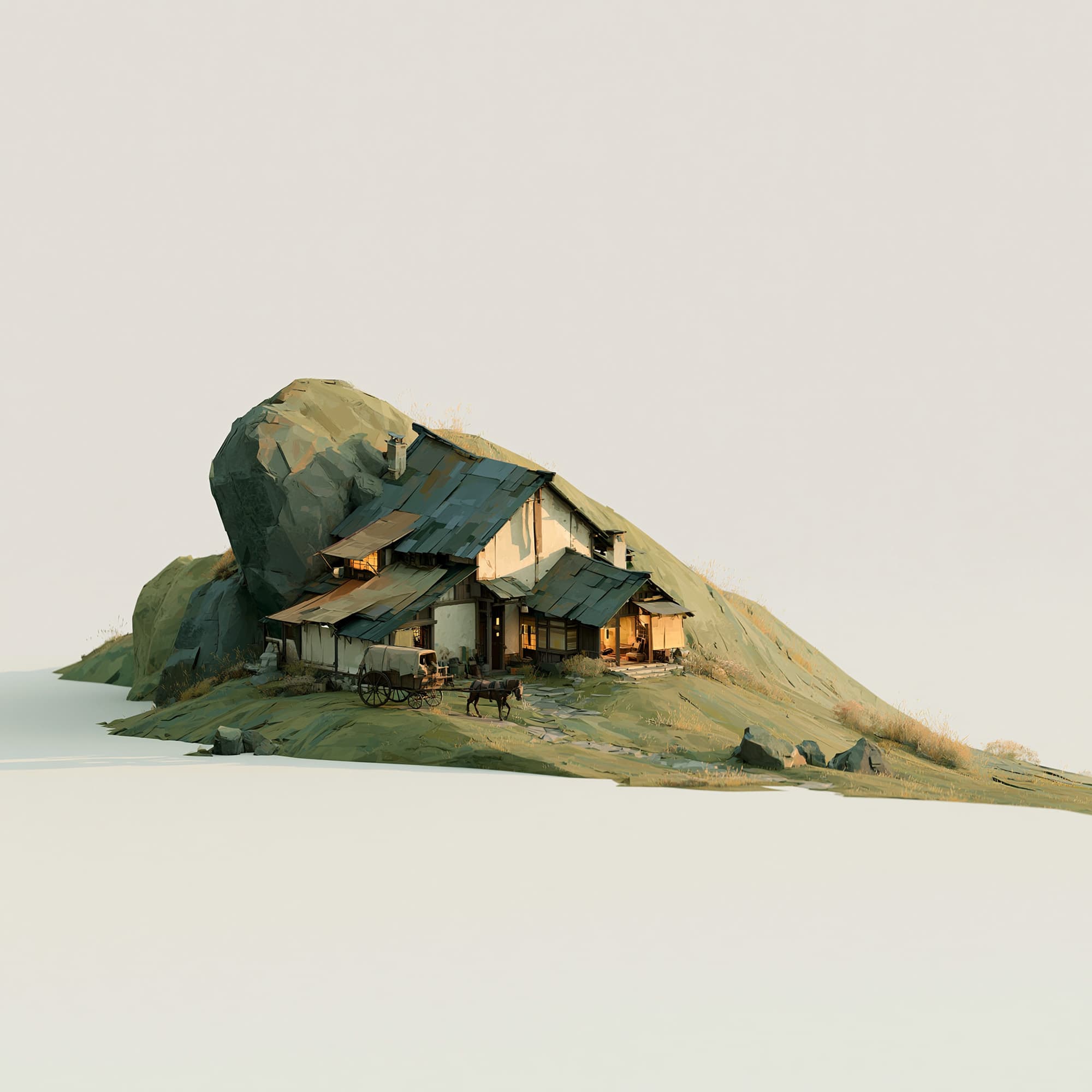 3D game environment render of a cozy cottage nestled into rock formations with horse-drawn carriage, miniature diorama style on white background, created with Midjourney, stamped with VISID structured metadata