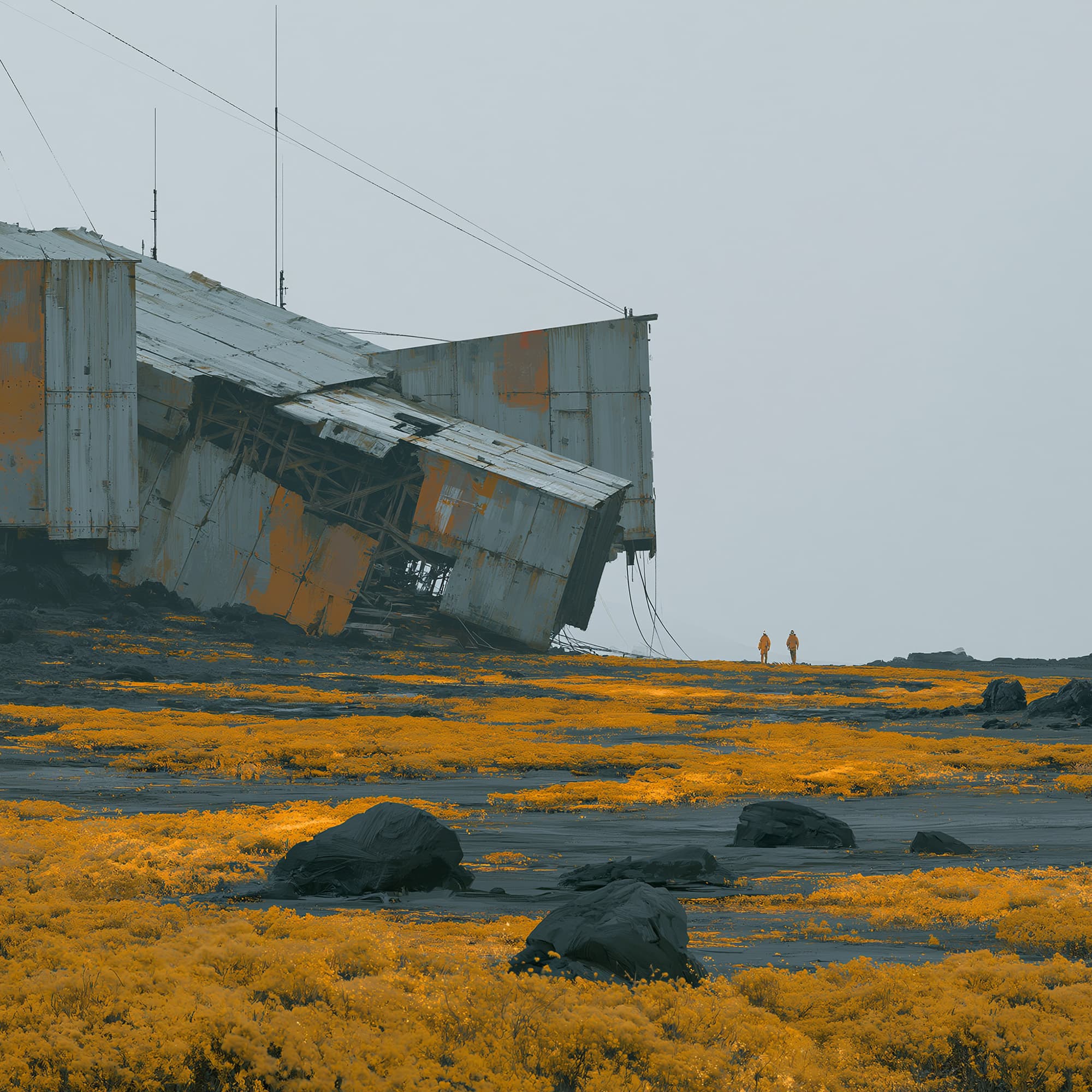 Environment concept art of an alien outpost on a dark volcanic planet with yellow bioluminescent flora and two scale figures, created with Midjourney, stamped with VISID structured metadata