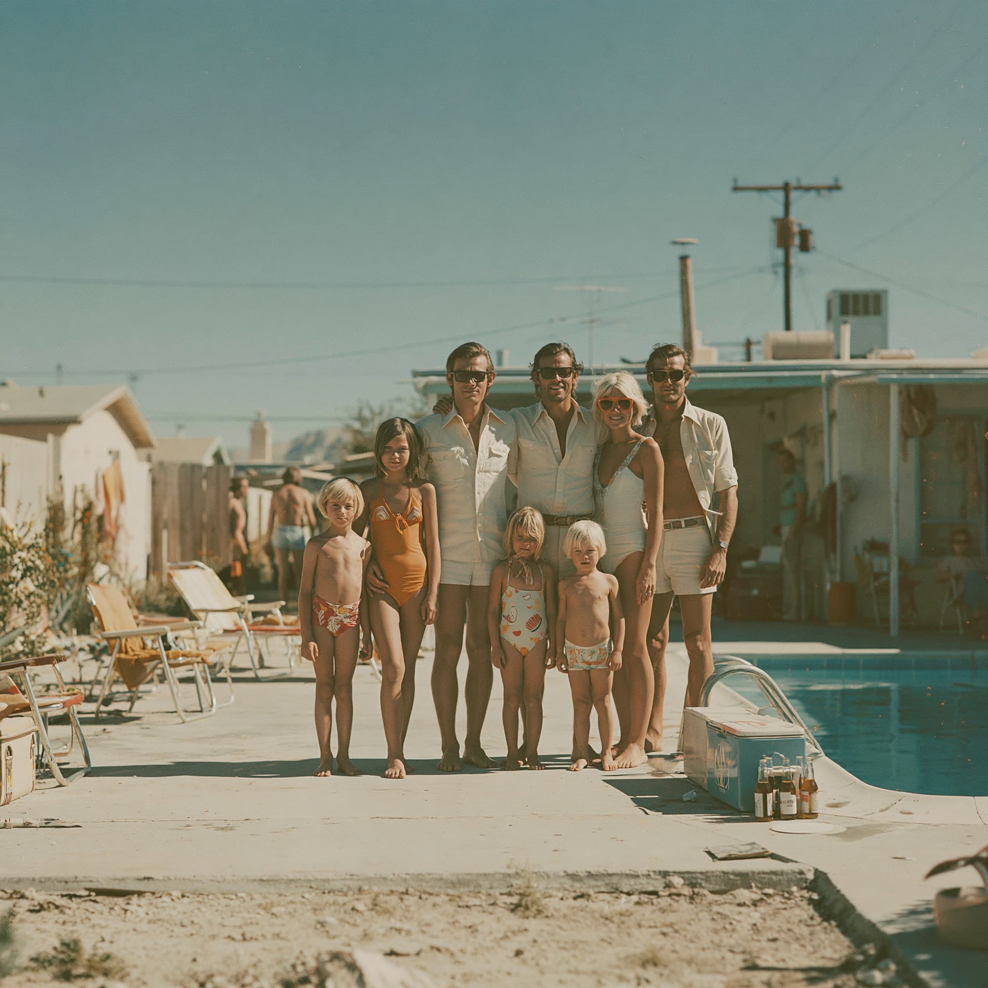 Vintage 1980 family reunion photograph by a backyard swimming pool in Arizona, Kodak Gold film quality, simulated snapshot photography created with Midjourney, stamped with VISID structured metadata