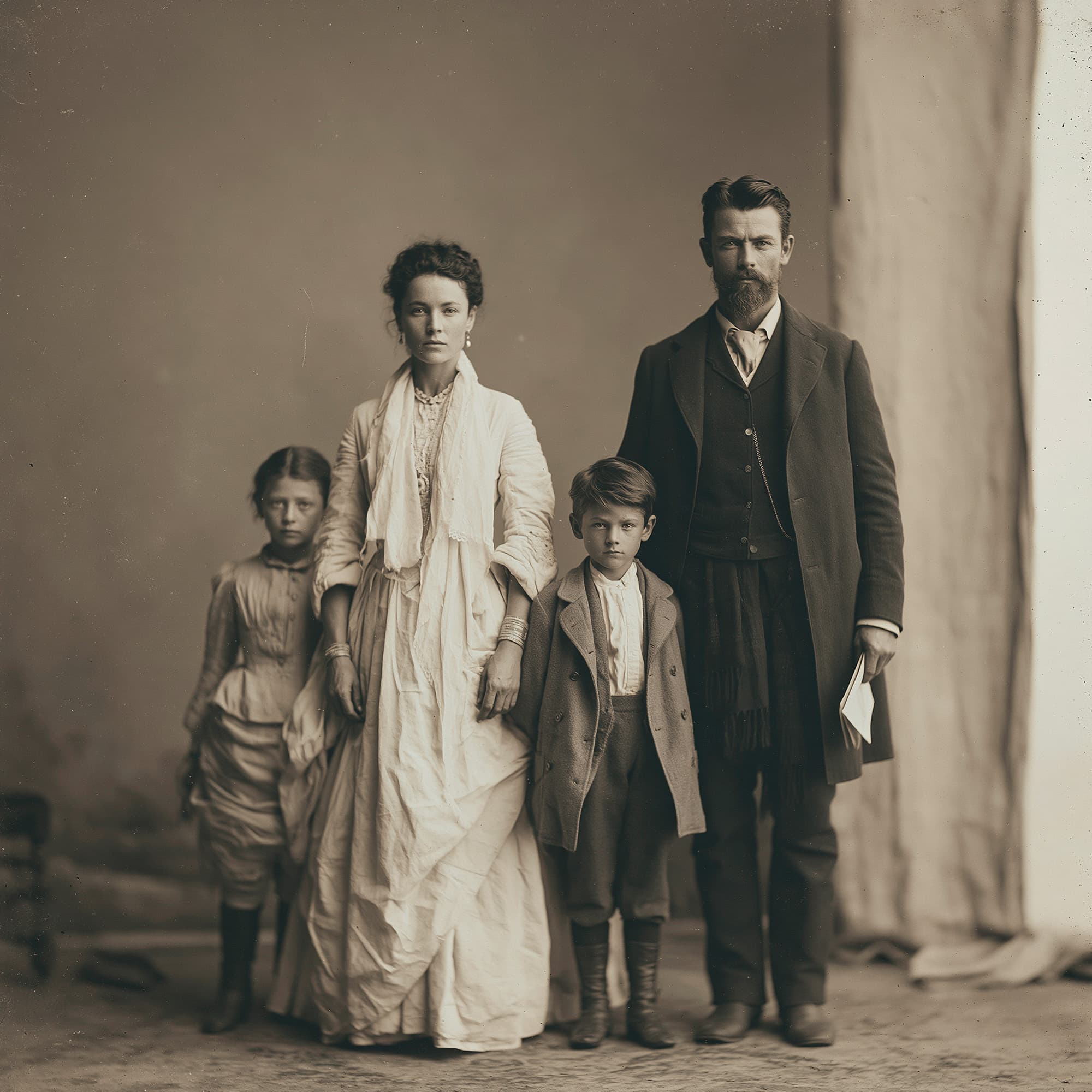 Victorian 1880s family portrait of the Hargrove family in formal studio setting, daguerreotype quality, simulated vintage photography created with Midjourney, stamped with VISID structured metadata