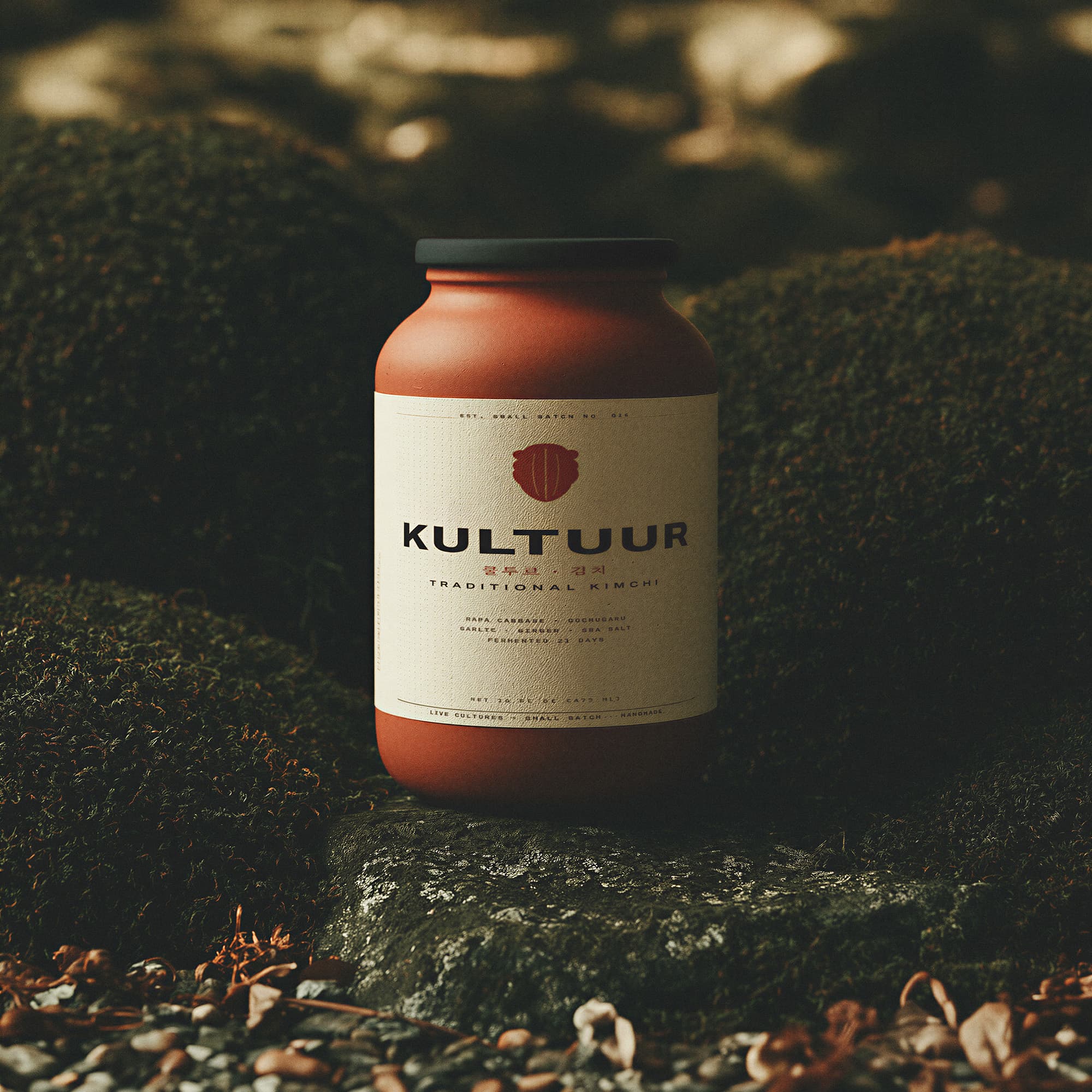 Kultuur traditional kimchi jar resting on mossy forest floor stones, simulated product photography created with Midjourney, stamped with VISID structured metadata